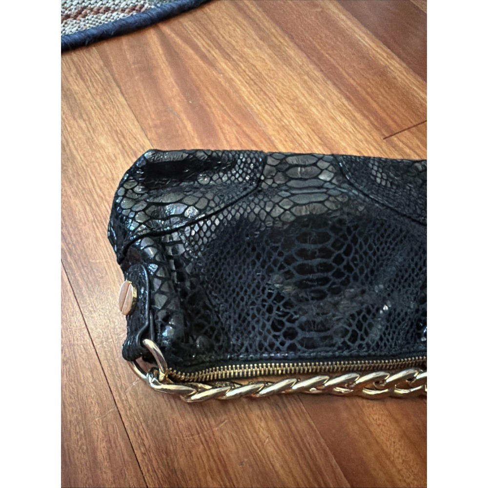 Michael Kors Black Python Embossed Leather Tote Bag Gold Chain Strap Clutch - Picture 5 of 7